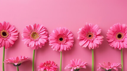 Charming row of pink gerbera daisies lined perfectly on a soft pink background ideal for banner with blank space