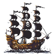 8-bit video game-inspired pixel art of a pirate ship with skull and crossbones flags Details include cannons, rigging, and a dark hull