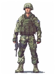 This is a detailed pixel art depiction of a soldier in full military gear with a helmet and rifle, rendered in a nostalgic 8-bit style