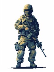 This pixel art showcases a soldier clad in full combat gear, featuring detailed pixelated design that highlights the skillset of digital artistry