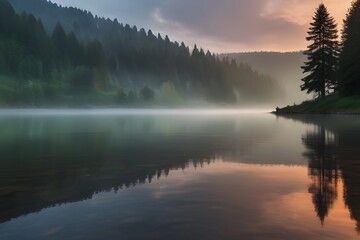 Obraz na płótnie Canvas Misty morning scene of Lacu Rosu lake. Foggy summer sunrise in Harghita County, Romania, Europe. Beauty of nature concept background Generative AI
