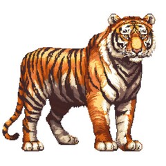 Obraz premium A pixel art illustration of a majestic orange and black striped tiger standing with a calm demeanor