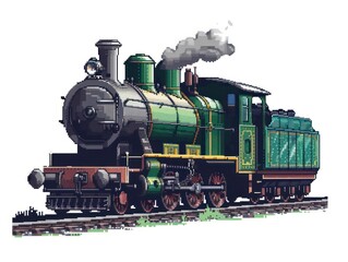 Fototapeta premium This image features a detailed pixel art representation of an old-fashioned green steam locomotive with smoke billowing from its stack