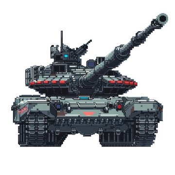 This image showcases a pixel art design of an advanced armored tank with intricate details, featuring a large main cannon and additional armaments