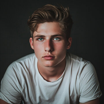 photograph of a cool young man in a white regular fit t-shirt