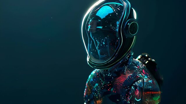 The starry sky reflects in the helmet of an astronaut wearing a spacesuit splattered with vibrant colors of paint. 