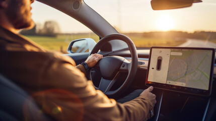Naklejka premium Eco-conscious individual enjoying a peaceful ride in an EV, with panoramic views of open fields.