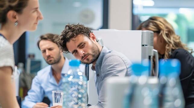 Employees around a water cooler, one person looking particularly drained, indicating the toll of a long day.