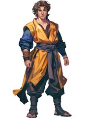 An illustrated male figure stands confidently, depicted in a dynamic, colorful traditional costume with intricate detailing