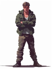Fototapeta premium Digital illustration of a stylish male character exuding confidence with a casual yet determined stance in modern clothing