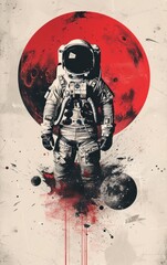 A solitary astronaut stands in focus against a stylized red moon, evoking themes of solitude, exploration, and the vastness of space