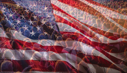 Waving American Flag and Symbols of America Collage - obrazy, fototapety, plakaty