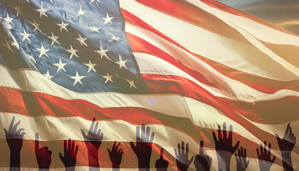 Waving American Flag and Symbols of America Collage