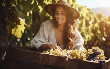 Smiling woman in hat harvests grapes in the vineyard