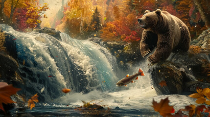A Bear Capturing a Salmon in a Rushing River Amidst an Autumn Landscape.