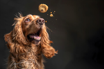 Creative food animal template. A funny cute greedy brown cocker spaniel trying to catch a cookie treat flying in midair in dark gradient background. magazine, banner, advertisement. copy text space - obrazy, fototapety, plakaty