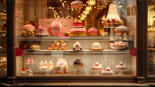 Exquisite Dessert Creations Displayed in a Patisserie Window.