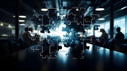 Visionary Business Professionals Joining Puzzle Pieces to Unlock Collaborative Solutions in Modern Office Environment