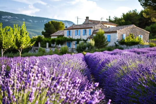 Lavender field,. A picturesque Provence lavender field in full bloom with a traditional farmhouse. AI generated