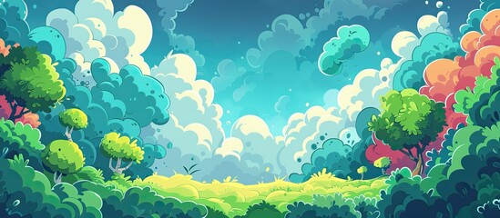 An art piece depicting a natural landscape of a forest with green trees, azure sky, fluffy cumulus clouds, and lush grass by the waters edge