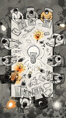 Animated doodle, team around a chaotic table, ideas in light bulb forms, top view, fun vibe