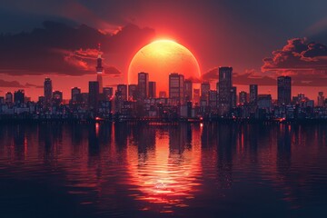 A vivid sunset with a large sun dipping below the horizon, reflecting on water against a silhouette of a city skyline