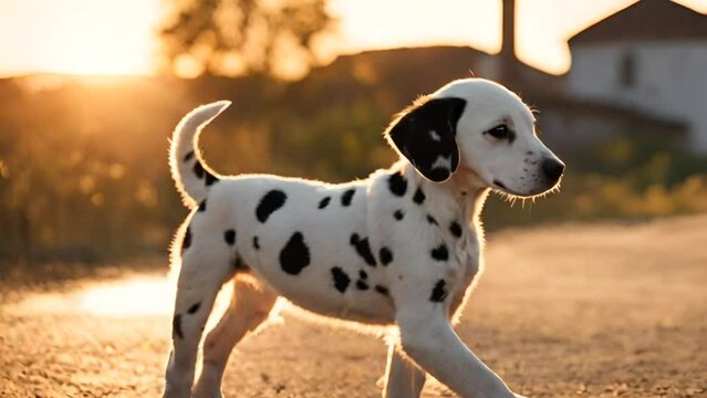 Dalmatian puppy outdoor at the sunset 