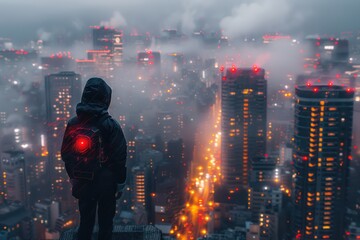 An individual stands on a high vantage point, gazing over a sprawling, fog-covered cityscape illuminated by glowing red lights at night
