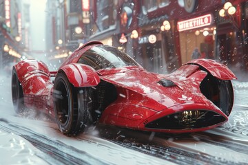 An ultra-modern, sleek red sports car is showcased on a rainy street adorned with neon signage, reflecting a cyberpunk aesthetic