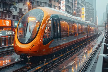 Fototapeta premium An orange modern tram is shown on a rainy day, with city buildings and neon signs in the background, reflecting urban life