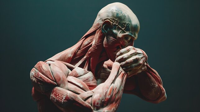 Dynamic portrayal of an anatomical model in a thinker's pose, showcasing detailed musculature of an athlete's shoulder