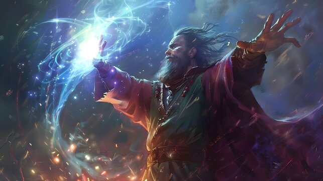 Enchanting illustration of a wizard channeling cosmic energy, casting a spell with celestial light and mystical swirls