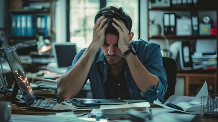 Distressed man in office drowning in paperwork, hands on head in a moment of peak stress and job overwhelm