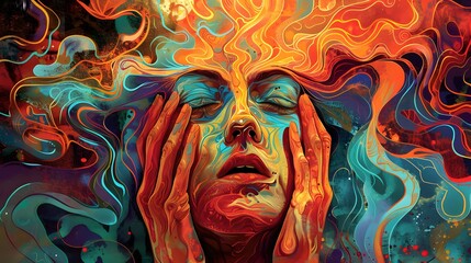 Psychedelic representation of a person experiencing an intense headache, with vibrant, swirling colors expressing sensory overload