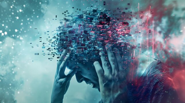 Conceptual digital art of a person's head disintegrating into pixels, symbolizing data overload and the digital age's impact on mental health