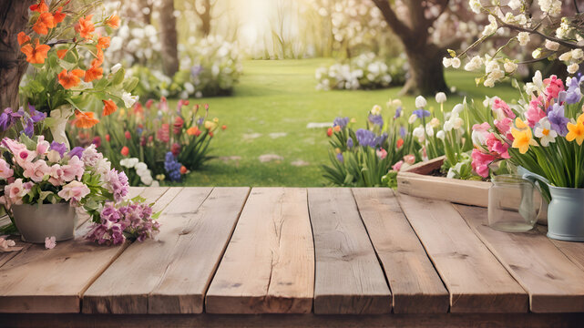 Wooden Podium Tabletop Blurs The Colorful Spring Flowers And Garden Backdrop Empty Display Case For A Cosmetic Or Food Product 