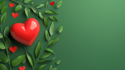 A vibrant image showcasing a red heart amidst green leaves framing a banner with blank space for messages or graphics