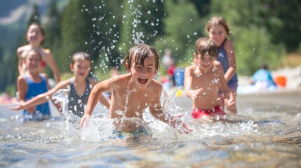 Joyful children splashing in a crystal-clear lake, with their parents cheering from a nearby picnic blanket.