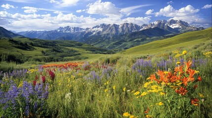 Vibrant Wildflowers Fronting Majestic Snowy Mountains