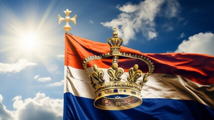 Dutch Kingdom flag waving proudly with a golden crown  - obrazy, fototapety, plakaty