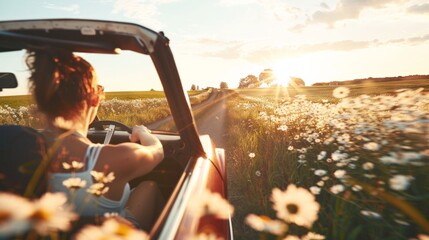 Joyful individual cruising down a sunlit country road in a compact EV, surrounded by blooming fields - obrazy, fototapety, plakaty