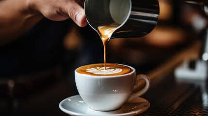 Barista pouring steamed milk into coffee cup creating latte art