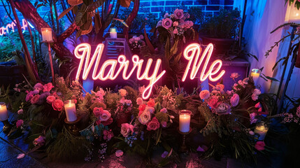 Marry Me sign on top of a floral installation with green plants, candles and flowers , proposal of marriage concept image - Powered by Adobe