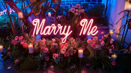 Marry Me sign on top of a floral installation with green plants, candles and flowers , proposal of marriage concept image