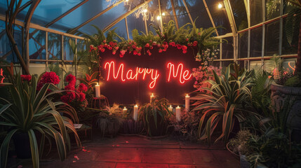 Marry Me sign on top of a floral installation with green plants, candles and flowers , proposal of marriage concept image