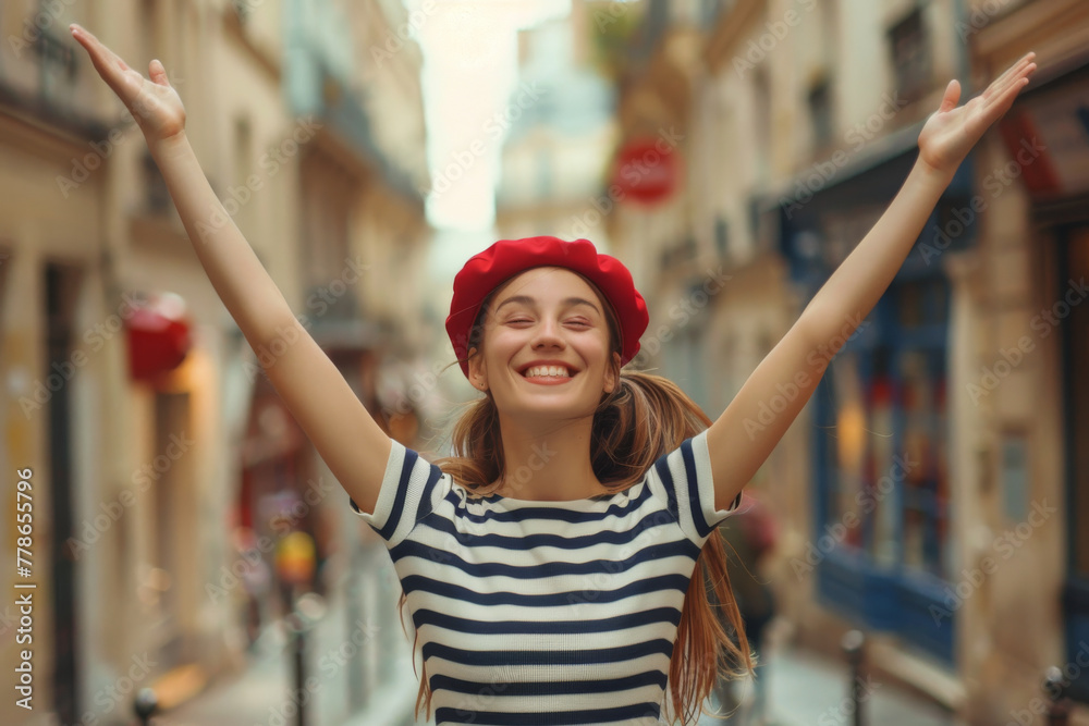 Sticker young french woman wearing a red beret hat and a striped jersey in middle of the street