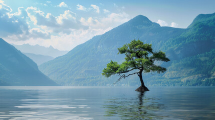 Lonely tree in middle of a huge lake emerging like an island and mountains in background - obrazy, fototapety, plakaty