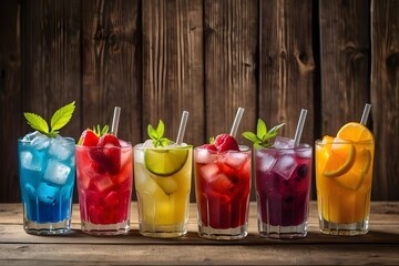 variety of freshly made iced fruit drinks against a wooden backdrop - obrazy, fototapety, plakaty