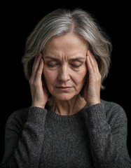 Elderly woman suffering from migraine, putting her hands to her temples