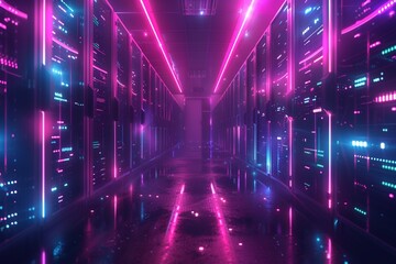 Fototapeta na wymiar Futuristic server room, neon lights, digital data streams flowing, abstract background ,ultra HD,clean sharp,high resulution